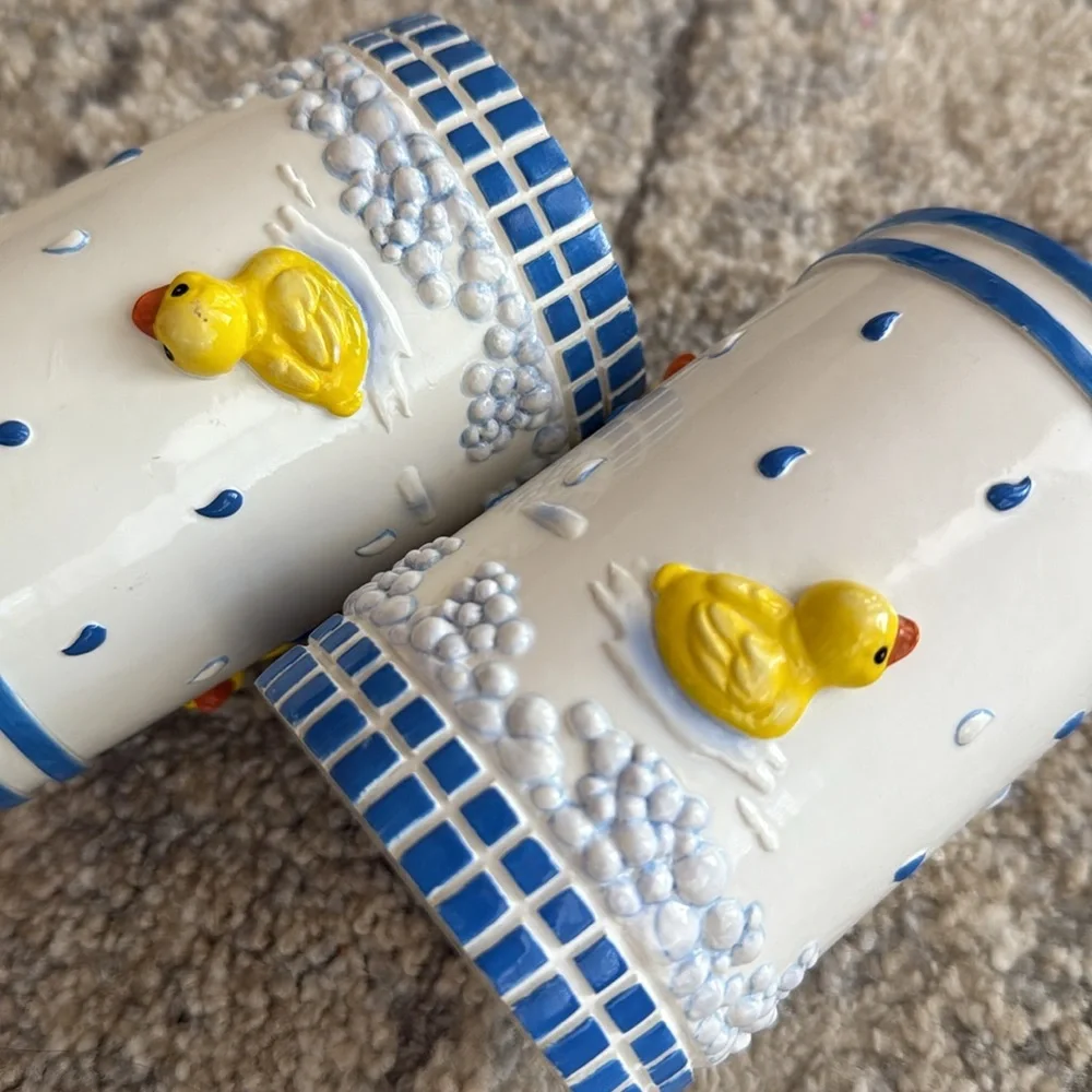 Ducklings in the Rain Cups set of (2) 3.5”x4.5” each Resin toothpaste toothbrush